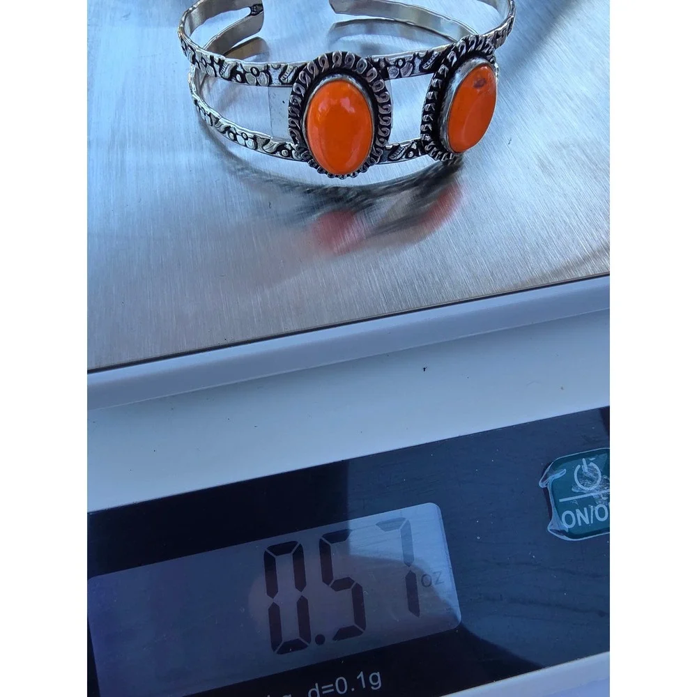 Vintage Spiny Orange Oyster Shell Silver Tone Split Shank Cuff Bracelet